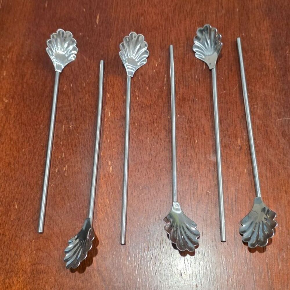 Vintage Cocktail Shell Spoons/Straws Set of 6 Japan 6.5"